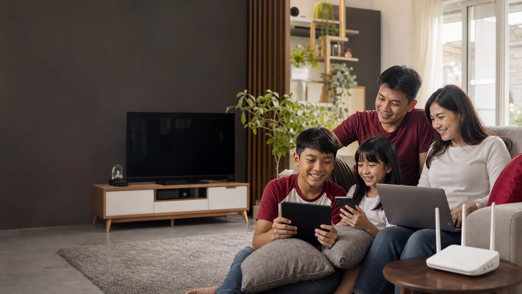 Keluarga menikmati koneksi internet rumah di ruang keluarga